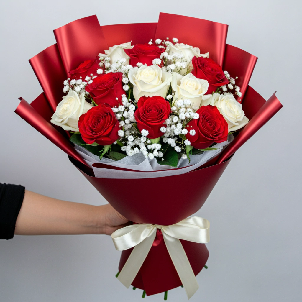 Buquê 05 rosas vermelhas + 05 rosas brancas