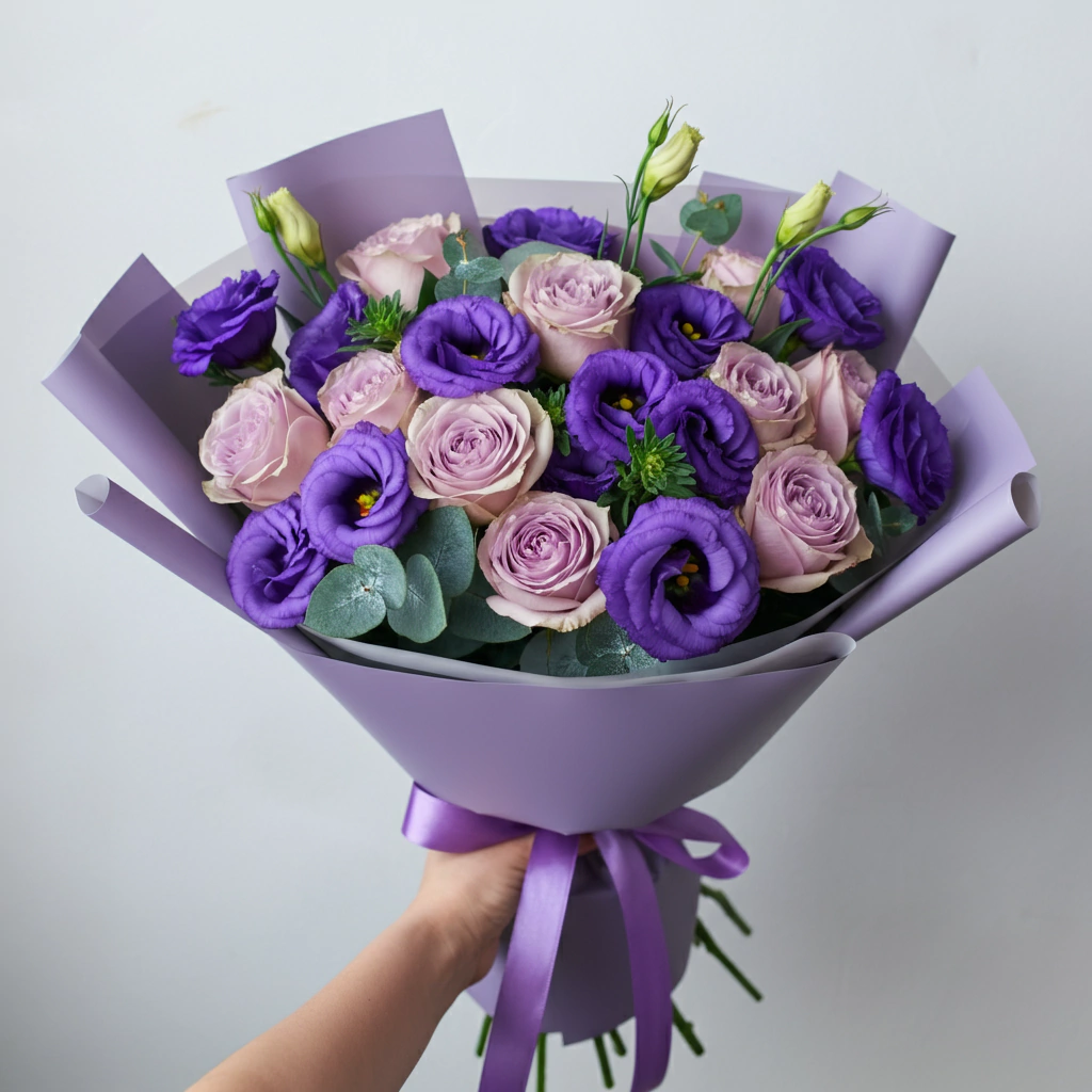 Buquê de Lisianthus roxos e rosas