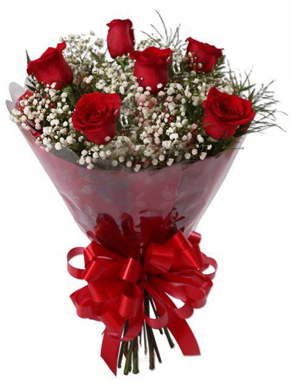 Buquê 06 rosas vermelhas + Gipsofilas brancas